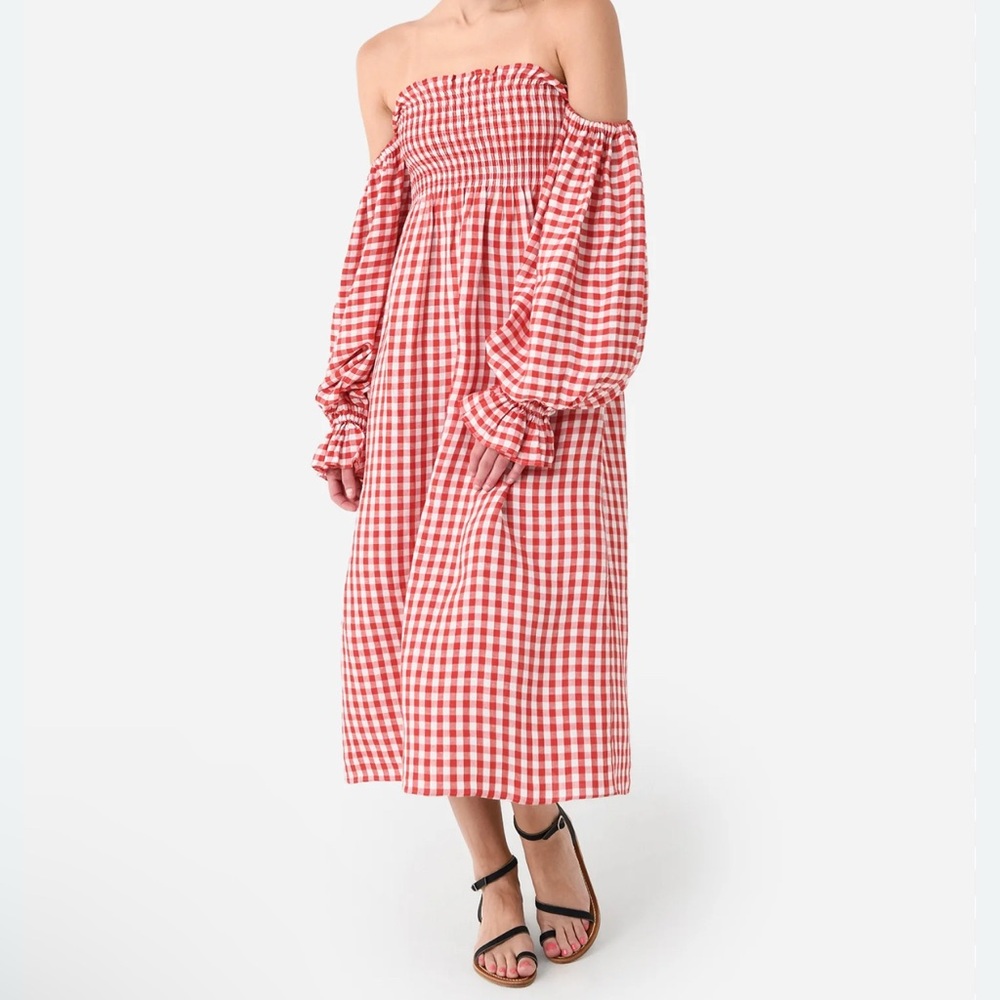 Sleeper NWT Atlanta Off-The-Shoulder Shirred Gingham Linen-Blend Midi Dress. Med